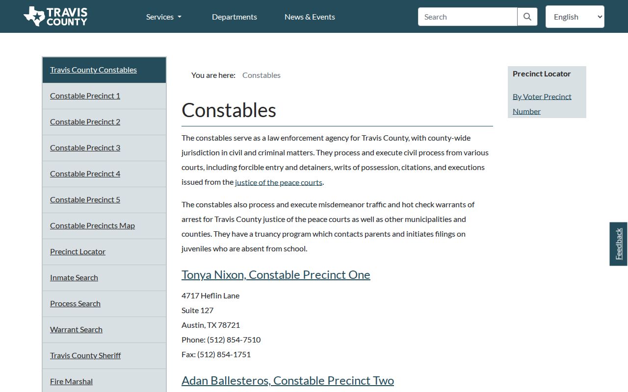 Travis County constable precinct warrant service contacts