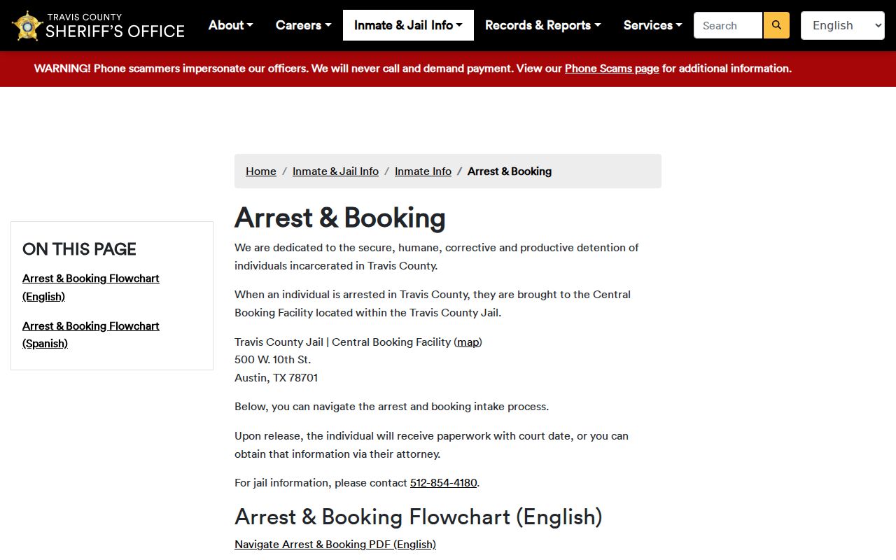 Travis County Central Booking information after arrest warrant service