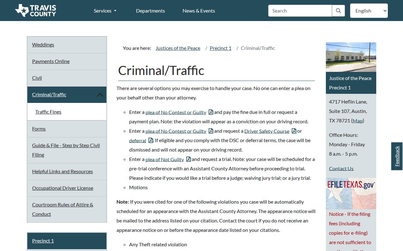 JP1 criminal traffic payment conditions for Travis County warrants