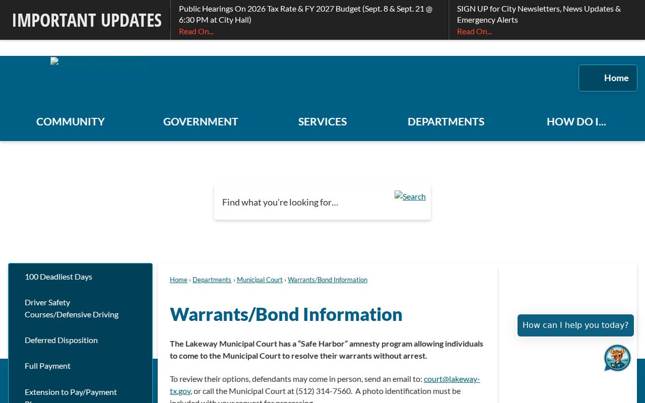 Lakeway court safe harbor information for Lakeway warrant records