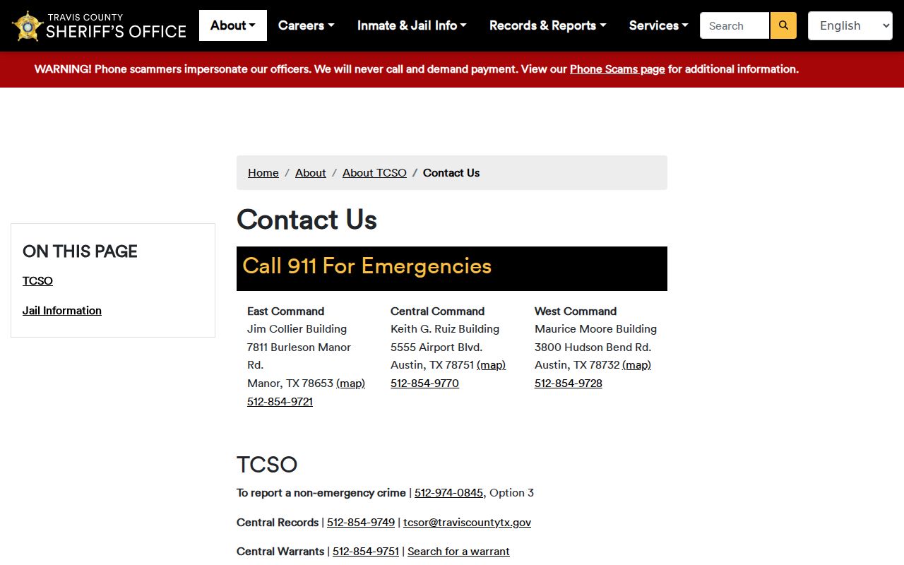 Travis County sheriff Central Warrants contact information